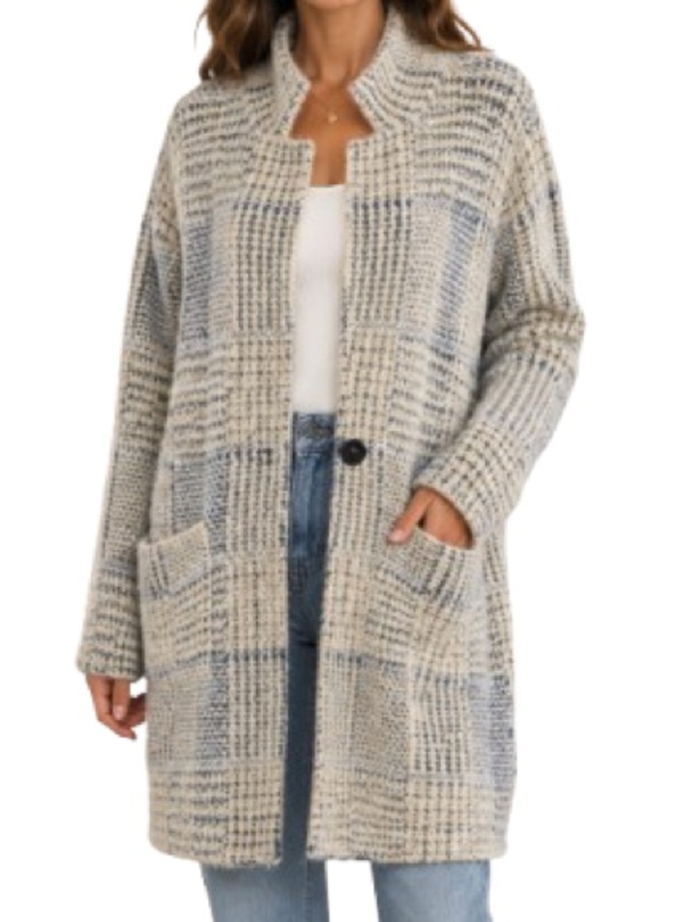 Rachel Zoe Fuzzy Plaid Cardigan Sweater Teddy Coat XL Blue White Oversized Cozy